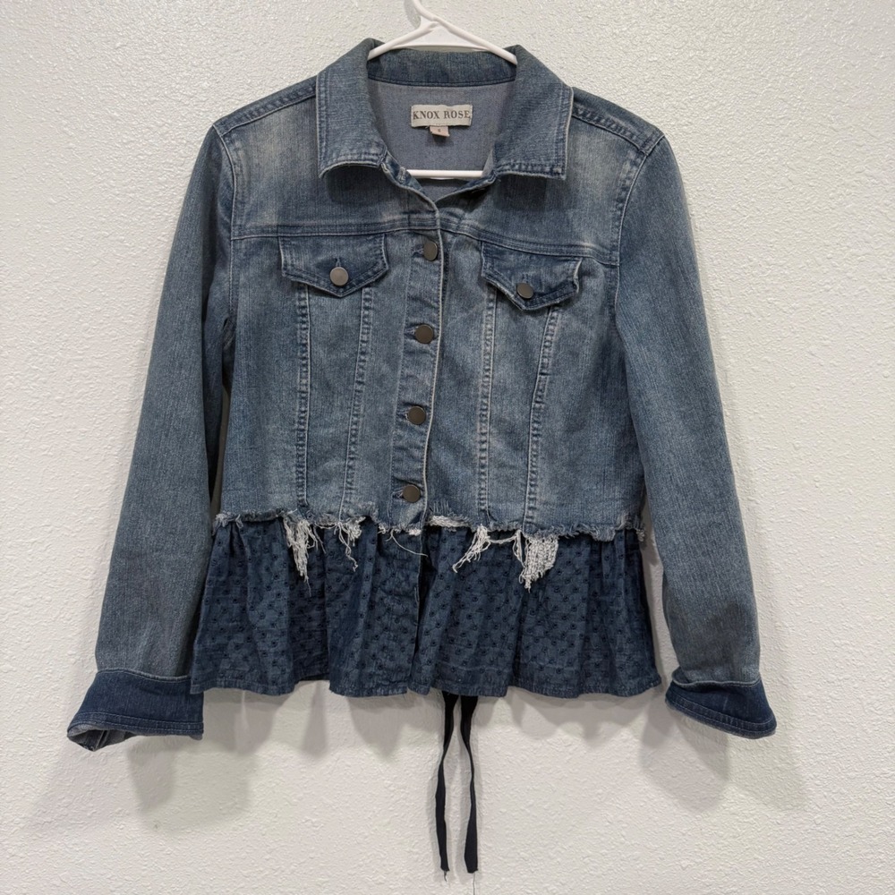 Knox Rose Womens Denim Jacket Blue Eyelet Peplum Lace‎ Up Back Size S